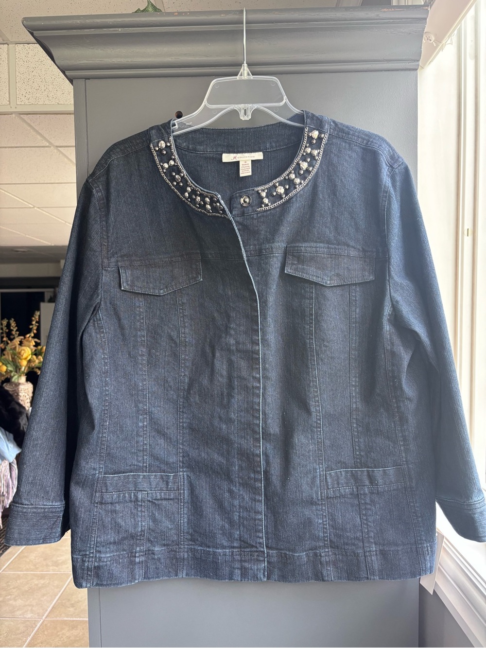 JM Collection Dark Blue Embellished Collar Denim Jacket